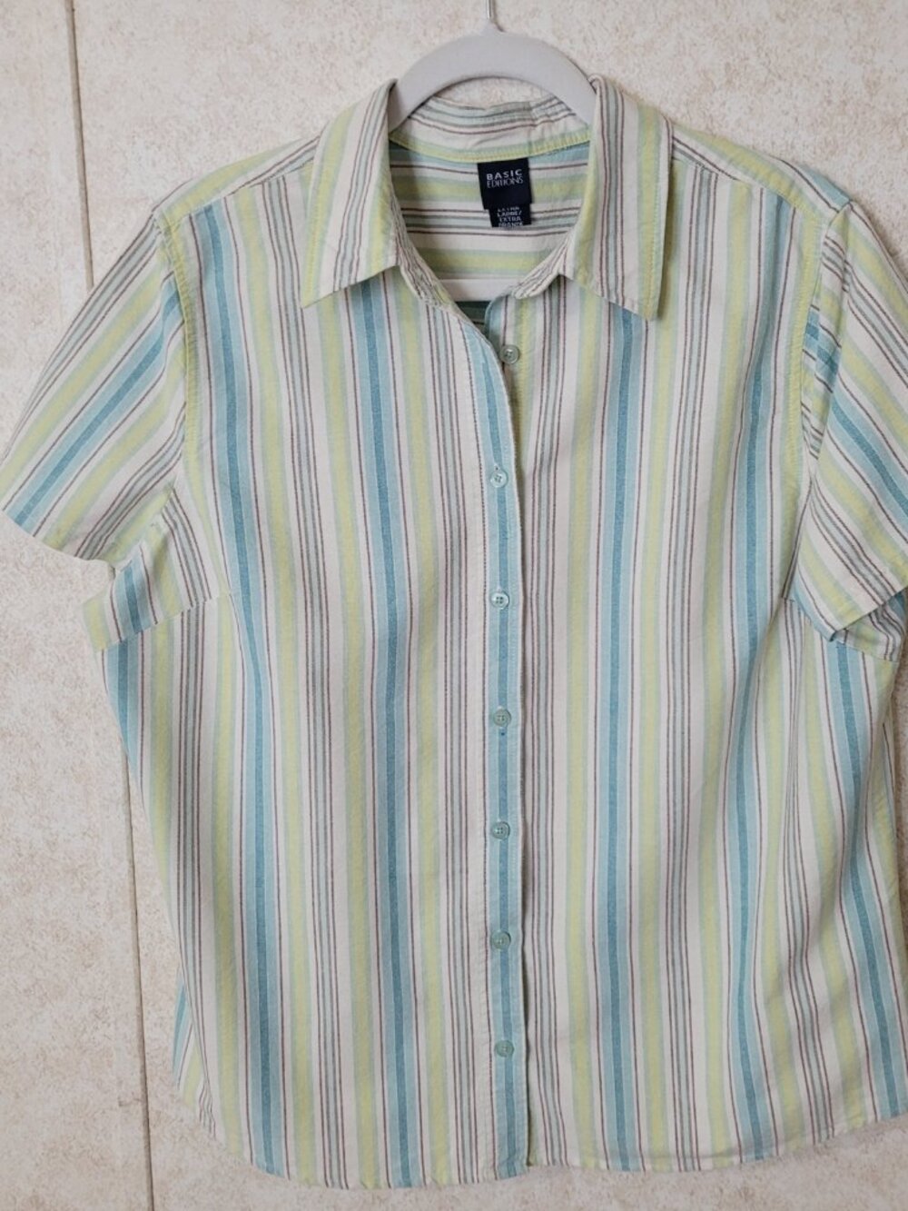 Striped Short Sleeve Button Shirt Multi Color Basic Editions Womens Size L